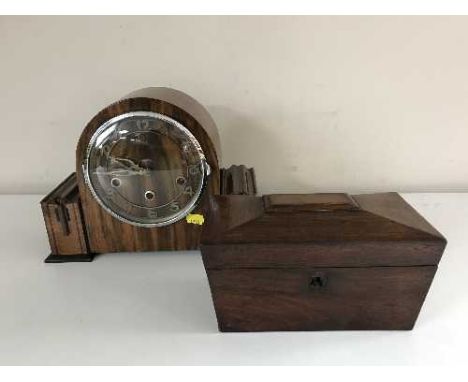 A walnut dome topped mantel clock together with a Victorian rosewood tea caddy