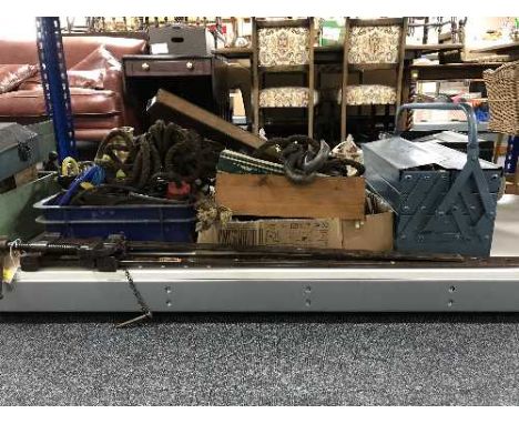 Two sash clamps, metal tool box and tools, three boxes of hand tools, electric drill, pully etc 