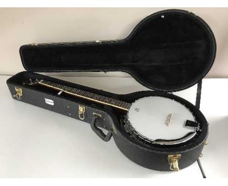 A vintage six-string banjo in Kinsman carry case