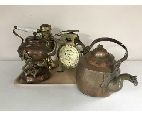 A tray of antique copper kettle, kettle on stand, kitchen scales, etc 