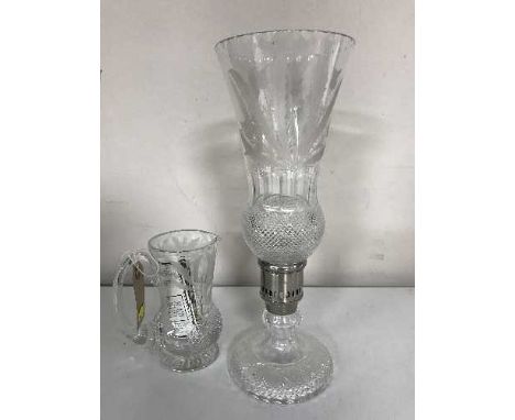 An Edinburgh crystal water jug and hurricane lamp