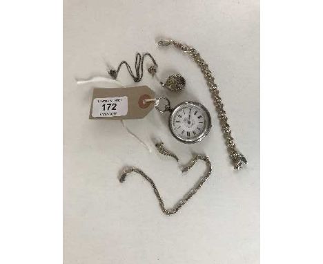 A sterling silver fob watch together with a quantity of sterling silver jewellery 