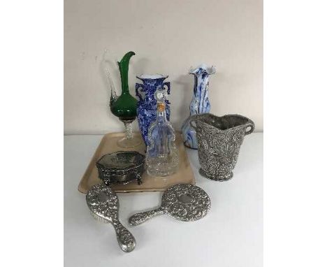 A tray of glass vases, Regency Ironstone vase, brush set, metal trinket box, etc 