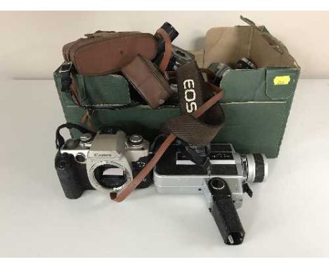 Two boxes of cameras and camera equipment 