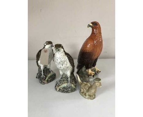 Three White and Mackay Beneagles Scotch Whisky Decanters; two Ospreys and a Golden Eagle, together with a Beswick Beneagles S