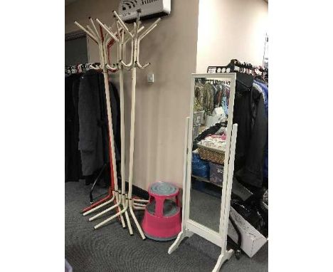 Four hat and coat stands, pink step and a cheval mirror 