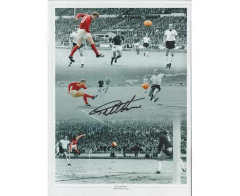 Football Sir Geoff Hurst signed 16x12 1966 World Cup Final colourised montage print. Good condition. All autographs come with