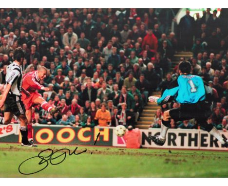 Football Stan Collymore signed 16x12 colour photo pictured scoring for Liverpool against Newcastle. Good condition. All autog