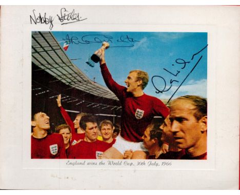Jack Charlton, Nobby Stiles and Ray Wilson Signed Colour Print on Card Measuring 7. 5 x 6 inches overall. Good Condition. Goo