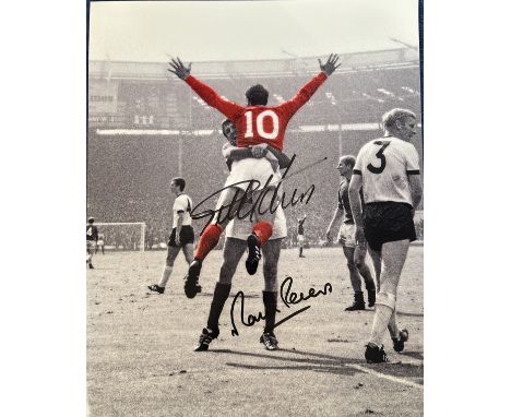 Football England 1966 World Cup Winners 20x12 signed colourise print signed by goalscorers Geoff Hurst and Martin Peters. Goo