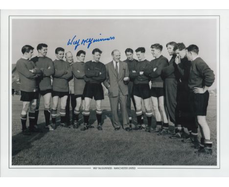 Football Wilf McGuiness signed 16x12 black and white Manchester United print. Good condition. All autographs come with a Cert