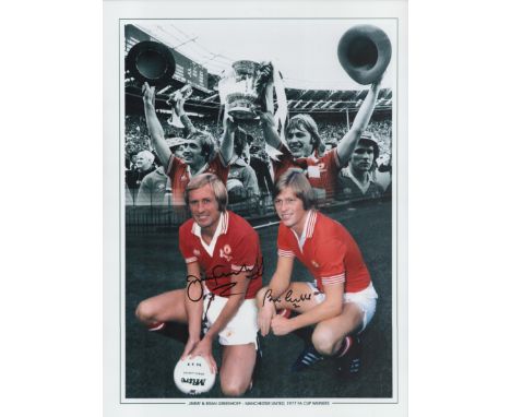 Football Jimmy Greenhoff and Brian Greenhoff signed 16x12 Manchester United colour montage print. Good condition. All autogra