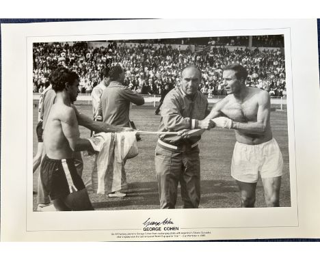 Football George Cohen signed 16x12 black and white print picturing the iconic moment after the quarter final in the 1966 Engl