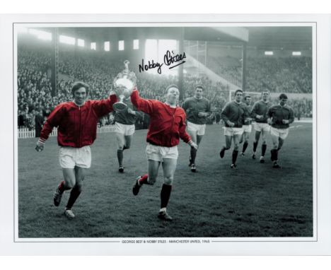 Football Nobby Stiles signed 16x12 Manchester United colourised print pictured with George Best and the League Championship t