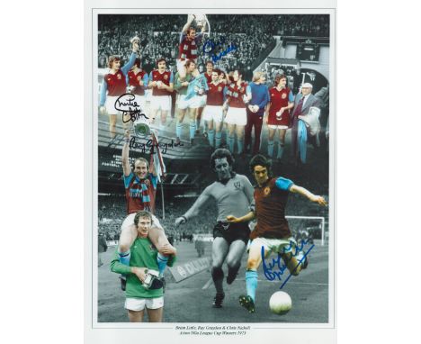 Football Brian Little, Ray Graydon and Chris Nicholl signed Aston Villa League Cup Winners 1975 colour print. Good condition.