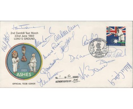 Cricket 12 Players Signed 1989 Ashes Tour First Day Cover. Signings inc Gatting, Gower, Dilley, Gooch, Fraser, Embury, Foster