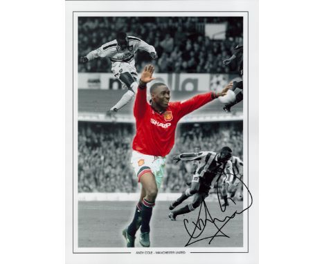 Football Andy Cole signed 16x12 Manchester United colourised montage print. Good condition. All autographs come with a Certif