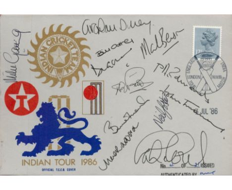 Cricket Indian Tour 1986 Official T. C. C. B multi signed cover 11 great signatures include Mike Gatting, Graham Dilley, Bill