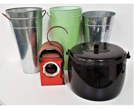 THREE TAPERING FLORIST DISPLAY TUBSapproximately 44.5cm high, and six other metal tubs, an aluminium preserve pan and a vinta