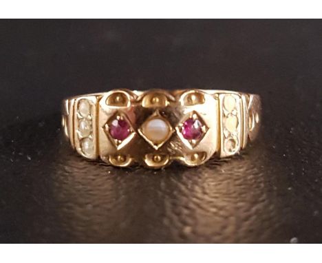 EDWARDIAN RUBY AND SEED PEARL RINGon fifteen carat gold shank, ring size P-Q 