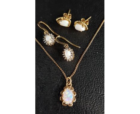 SELECTION OF OPAL SET NINE CARAT GOLD JEWELLERYcomprising a pair of drop earrings, with small diamonds above each opal, a pai