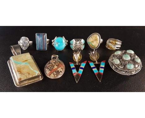 SELECTION OF TURQUOISE AND STONE SET SILVER NAVAJO JEWELLERYincluding a turquoise set 'Running Bear' silver ring, marked R.B.