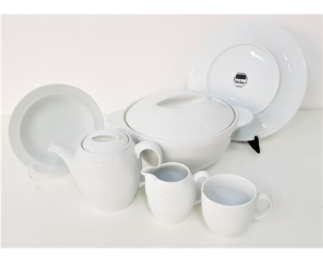 DENBY WHITE DINNER SERVICEcomprising eight dinner plates, seven side plates, four bowls, lidded circular tureen, six mugs, li