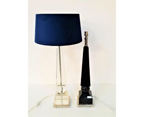 MODERN GLASS OBELISK STYLE LAMPwith a Royal blue velvet shade, 75cm high, together with a similar black glass obelisk style l