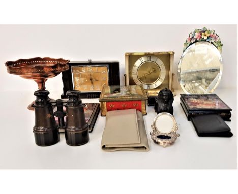 MIXED LOT OF COLLECTABLESincluding a copper tazza, pair of field glasses, bakelite mantle clock, Smiths alabaster and brass m
