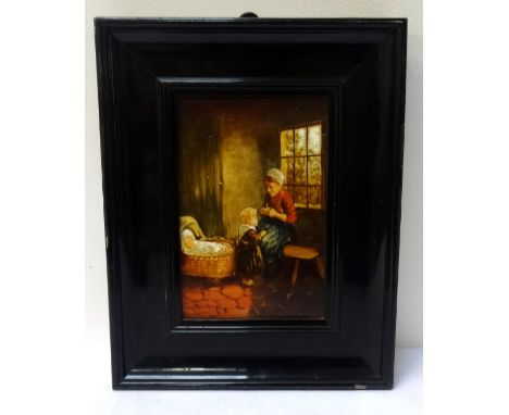 CONTINENTAL SCHOOL (circa 1900)Woman with children in room setting, handpainted tile panel, signed indistinctly, 17cm x 11.2c