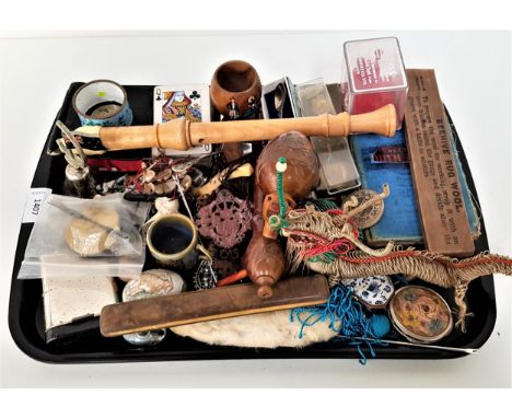 MIXED LOT OF COLLECTABLESincluding a carved wooden pipe, a recorder, an enamel decorated trinket box and napkin ring, door ha