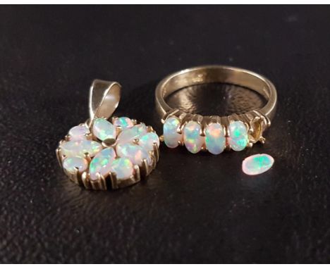 OPAL SET RING AND PENDANTthe ring on nine carat gold shank (one stone has come loose but is present), ring size O; the cluste