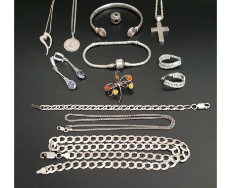 SELECTION OF SILVER JEWELLERYincluding an amber set dragonfly brooch, a curb link neck chain and bracelet, a Pandora style ch