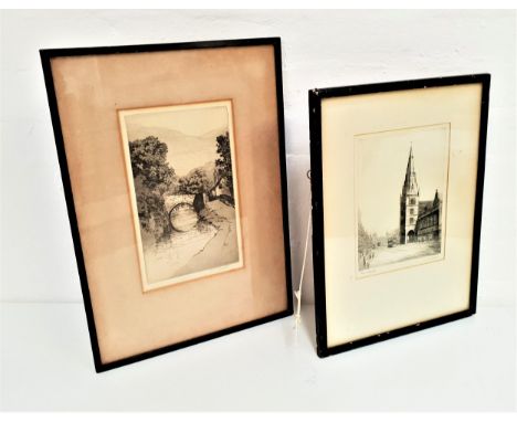 CHARLES H. CLARKVillage river, etching, signed to mount, 26.5cm x 16cm, together with W. Scott, Tron Steeple, etching, signed