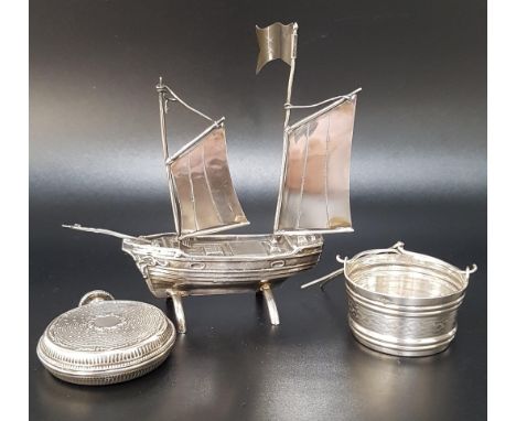 VICTORIAN SILVER BRIGANTINEwith removeable masts and sails, London 1898; a late Victorian circular snuff flask in unmarked si