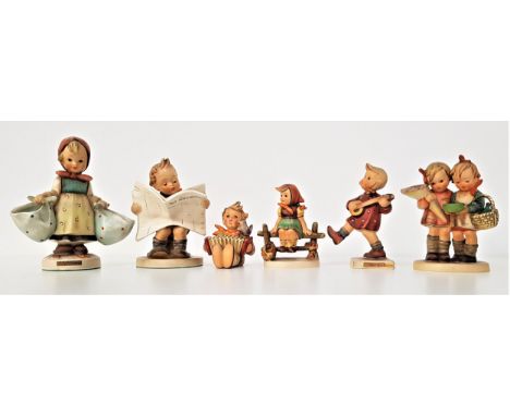 SIX GOEBEL FIGURINESMothers Darling, 14cm high, two girls, 12cm high, Latest News, 13cm high, Happiness, 12cm high, Let's Sin