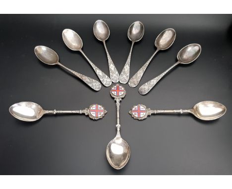 SET OF SIX VICTORIAN SILVER TEASPOONSwith decorative floral engraved handles, London 1900, 86.5g/3oz; together with three ena