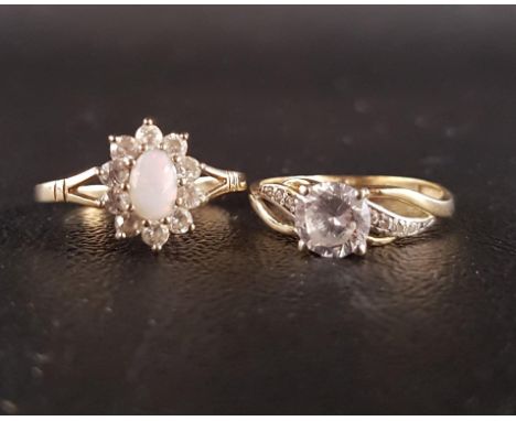 OPAL AND CZ CLUSTER RING AND A CZ SOLITAIRE RINGboth on nine carat gold shanks, ring sizes O and P respectively, total weight