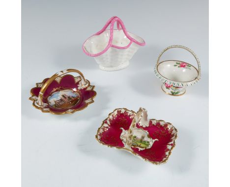 2 WORCESTER CHAMBERLAINS MINIATURE HOOP HANDLE BASKETS PAINTED WITH LOCAL SCENES, MINIATURE BASKET WITH BIRD OF PARADISE AND 