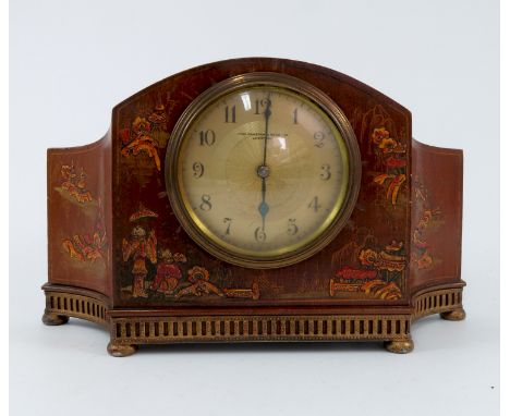 MANTLE CLOCK BY JOHN BAGSHAW &amp; SONS OF LIVERPOOL WITH A CHINOISERIE DECORATED CASE WITH BRASS BUN FEET HEIGHT APPROX 15 c