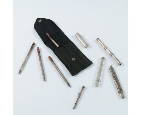 CASED SET OF 4 STERLING BRIDGE PENCILS WITH ENAMELLED DECORATION AND OTHER MISC. SILVER PENCILS