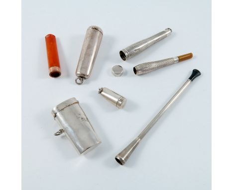 2 SILVER CASED AMBER CHEROOT HOLDERS, ONE WITH 9CT GOLD BAND, ONE OTHER WITH 15CT GOLD BAND, SILVER ENGINE TURNED DITTO WITH 