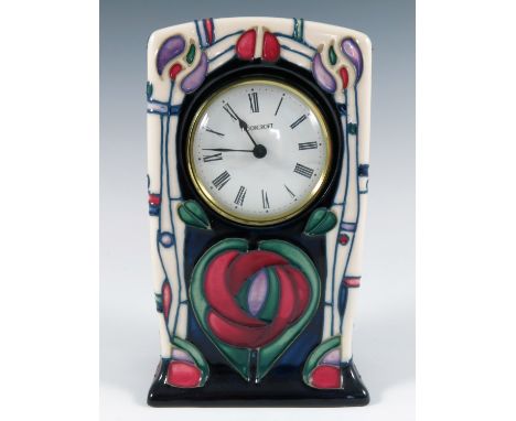 MOORCROFT MANTLE CLOCK DECORATED IN CHARLES RENNIE MACINTOSH TRIBUTE DESIGN BY SALLY TUFFIN, HEIGHT 16 cm (SECOND)