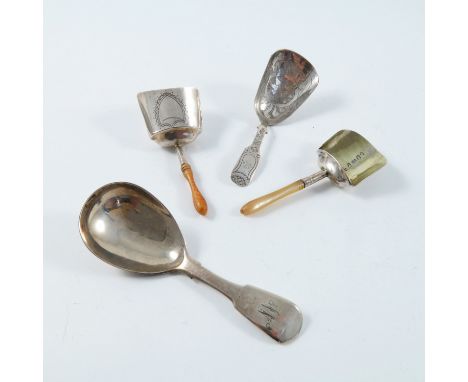 GEORGIAN CADDY SPOON WILLIAM BATEMAN 1821, ONE OTHER WITH BRIGHT CUT DECORATION, POSSIBLY JOHN TURNER, BIRM. 1822, AND 2 'SCO