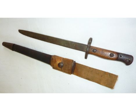 MILITARY INTEREST GRI  MK 1 BAYONET, RIFLE FACTORY ISHAPORE, WITH LEATHER &amp; METAL TIPPED SCABBARD &amp; WEBBED FROG. MADE