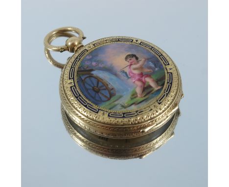 LADIES GOLD, STAMPED 14K, KEY WIND OPEN FACE POCKET WATCH WITH ENGINE TURNED DECORATION TO THE FACE AND AN ENAMELLED PANEL TO
