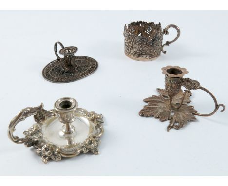 CAST MINIATURE CHAMBER STICK, ONE OTHER ON LEAF FORM BASE AND A FILIGREE DITTO TOGETHER WITH A WALKER AND HALL SILVER TODDY G