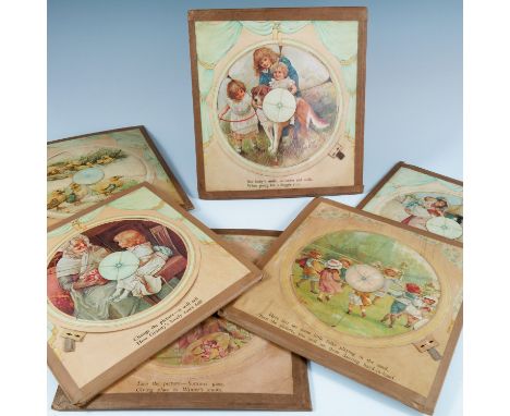 8 EDWARDIAN COLOURED CIRCULAR MOVING PICTURES, POSSIBLY ILLUSTRATIONS BY FLORENCE HARDY FROM THE BOOK 'MAGIC MOMENTS, ERNEST 