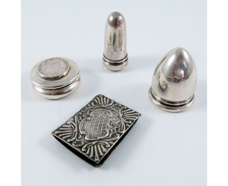 ACORN SHAPED SMELLING SALT/ VINAIGRETTE, ONE OTHER, BOOK FORM NEEDLE CASE WITH EMBOSSED COVER AND A WILLIAM COMYNS SILVER CIR