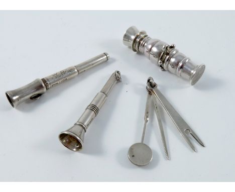 SILVER COMBINATION PIPE TOOL, 2 SILVER CIGAR PRICKERS AND AN UNUSUAL PIPE TAMPER/ VESTA